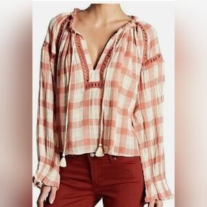 Free People Honey Grove Pink Plaid Blouse